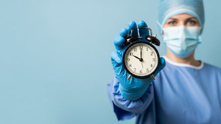 Portrait of a female surgeon holding an alarm clock on a blue backgroundの素材