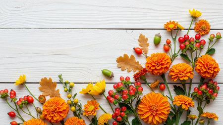Autumn flowers on white wooden background. Top view with copy spaceの素材