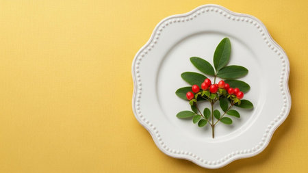 Christmas decoration with green leaves and red berries on white plate over yellow backgroundの素材