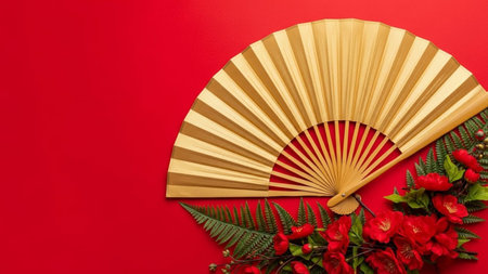 Japanese fan with red flowers on a red background. Top view.の素材