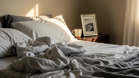 Comfortable white bed with pillows and a cup of coffee.の素材