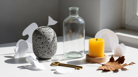 Still life with candle, keys and paper sheets on the windowsillの素材