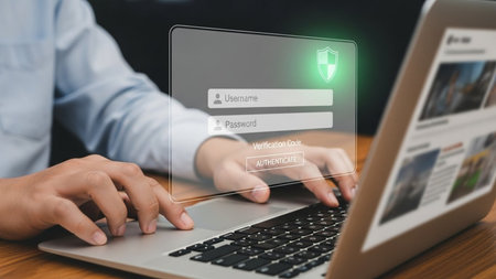 Man using laptop computer with login and password form on screen. Internet security concept.の素材
