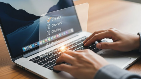 businessman hand working on laptop computer with online shopping application on screen in officeの素材