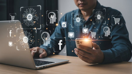 Businessman using smartphone and laptop with social media icons on screen.の素材