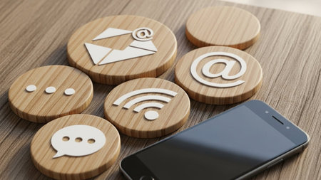 Contact us icons on wooden circles with smart phone on table, closeupの素材