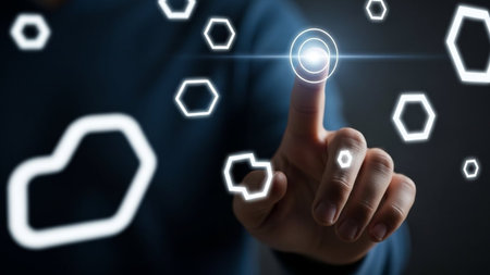 Businessman pressing high tech type of modern buttons on a virtual backgroundの素材