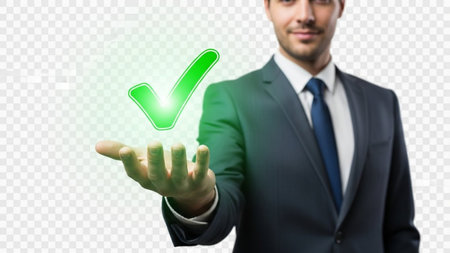 Businessman holding green check mark in hand, isolated on transparent backgroundの素材