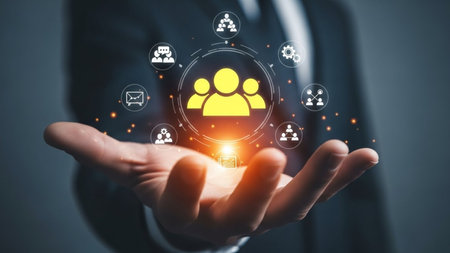 Businessman holding social network icons in his hand. 3D renderingの素材