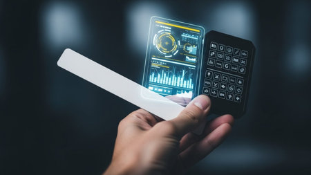 Close up view of hand holding mobile phone with business interface on screenの素材