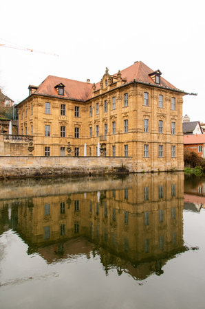 Bamberg, Germany, 20.12.2020. The famous Villa Concordia is reflected in the water of the Regnitzのeditorial素材