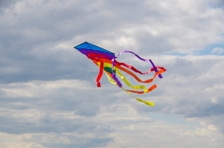 Colourful kite in front of cloudy autumn sky