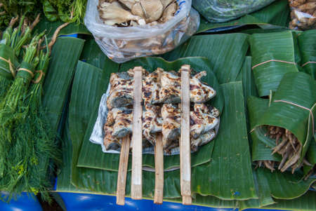 Fried frogs at a market in Laos