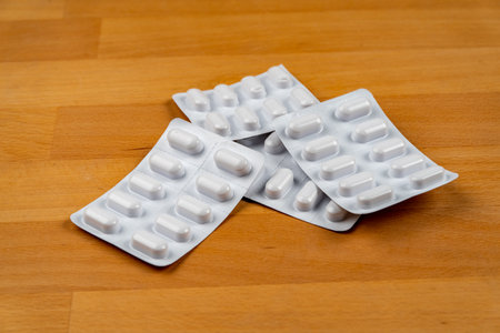 Blisters of pills on the table.の写真素材