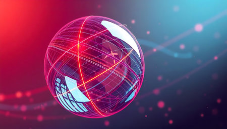 A vibrant, abstract image featuring a geometric sphere with a red and blue gradient background. The sphere is composed of intersecting lines, and light streaks traverse the scene, creating a dynamic and futuristic feel.の写真素材