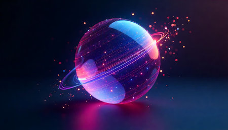 A glowing transparent sphere with orbiting lines and scattered particle effects. The sphere is rendered in a modern style with blue, pink, and purple colors. This futuristic abstract image has a vibrant and cosmic aesthetic.の写真素材