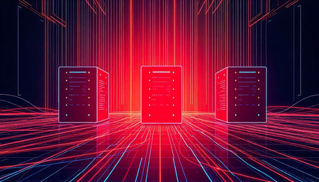 An abstract image of three red server units with a futuristic design, red lines and lights, computer, data transmission concept.の写真素材