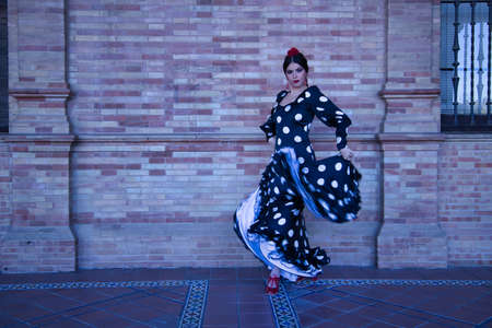Young female flamenco artist, Hispanic and brunette, with typical flamenco dance suit in movement. Concept of flamenco, dancer, intangible cultural heritage of humanity.の写真素材