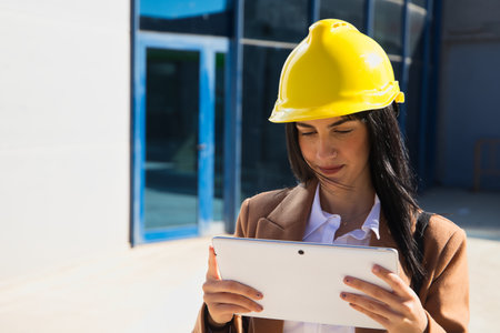 Young beautiful woman in brown coat, yellow workman's helmet and blueprint tube, working with her tablet. Business concept, architect, construction, working woman, empowerment.の写真素材
