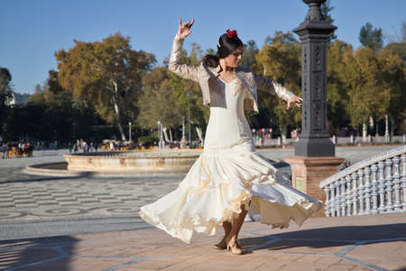 Young flamenco woman, Hispanic and brunette, with typical flamenco dance suit, with bullfighter jacket, dancing spinning. Concept of flamenco, dancer, typical Spanish dance.の写真素材