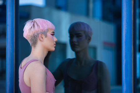 Young, attractive, gay man, heavily makeup, with pink hair and top, looking at a glass wall in which he sees himself reflected, looking for himself. Concept lgtbiq+, gay, pride, makeup, fashion, trendの写真素材