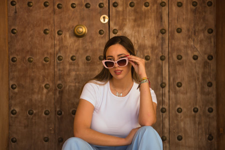 Beautiful young woman with brown hair, sunglasses, white t-shirt and blue pants, looking over the glasses, posing sitting on a door chair. Concept beauty, fashion, trend.の写真素材