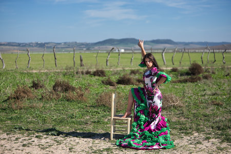 Young woman, pretty, brunette, flamenco dancer, barefoot, showing her beautiful dress, dancing with one foot on a chair in the middle of the field. Dance concept, flamenco, typical, Spanish, Seville.の写真素材