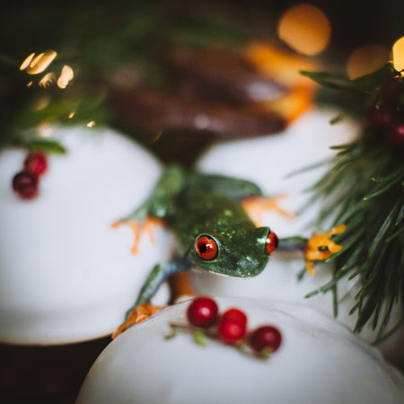 Beautiful red eyed tree frog on capcake with Christmass decorationの写真素材