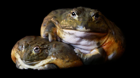 Couple of African bullfrogs on black backgroundの写真素材
