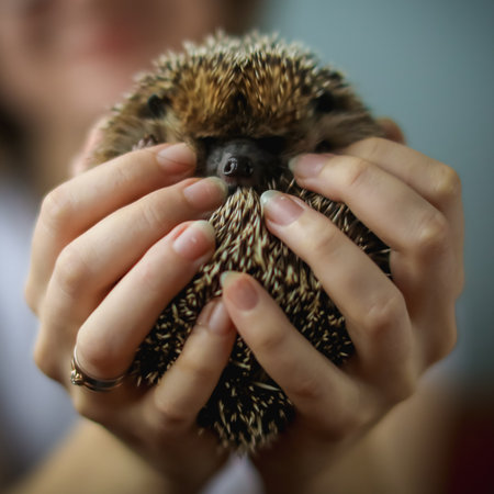 Domesticated hedgehog or African pygmy in handsの写真素材
