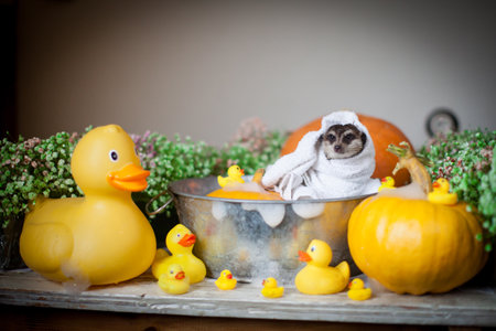 The meerkat or suricate taking bath at homeの写真素材
