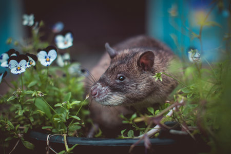 Giant african pouched rat in a garden with pansies