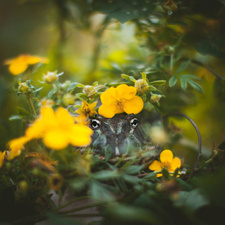 The Argentine horned frog with a flower bushの写真素材
