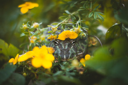 The Argentine horned frog with a flower bushの写真素材