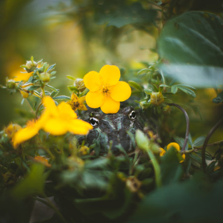 The Argentine horned frog with a flower bushの写真素材