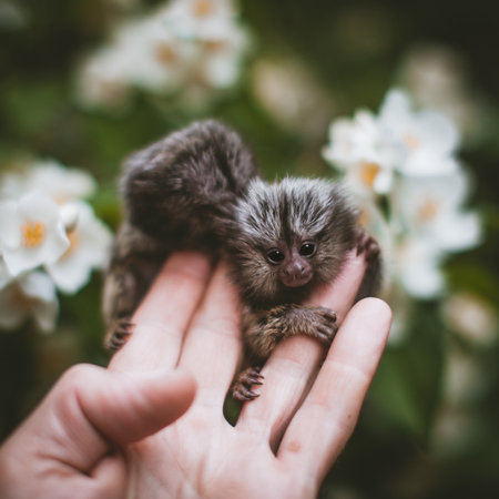 The common marmosets babies on hand with philadelphus flower bushの写真素材