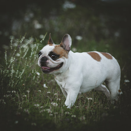Spotted French bulldog sits in a meadow surrounded by white chamomile flowersの写真素材