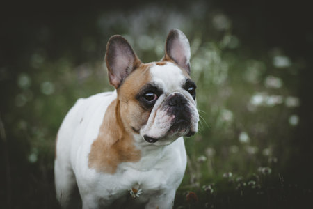 Spotted French bulldog sits in a meadow surrounded by white chamomile flowersの写真素材