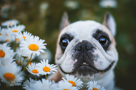 Spotted French bulldog sits in a meadow surrounded by white chamomile flowersの写真素材