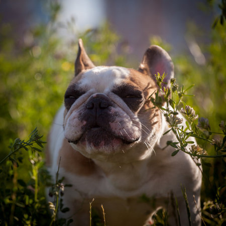 French bulldog in a meadow on a sunny summer clear dayの写真素材