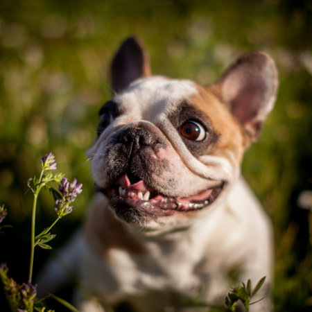 French bulldog in a meadow on a sunny summer clear dayの写真素材