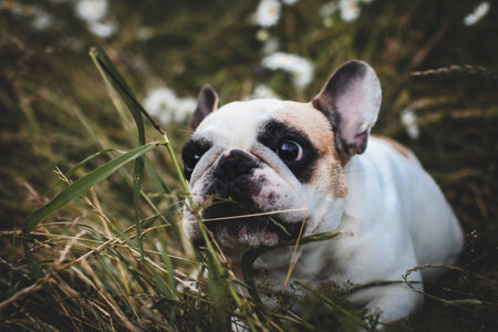French bulldog in a meadow on a sunny summer clear dayの写真素材
