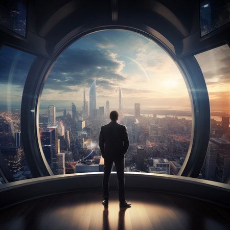 A businessman standing in front of spacecraft window, looking at a city by generartive aiの素材