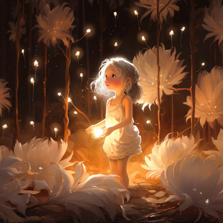 A tiny little girl standing in a big flowers forest in a fantasy world illustration by generative aiの素材