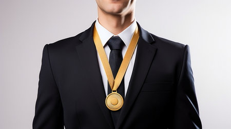 a man with a gold medal is wearing a suit and tie by generative aiの素材