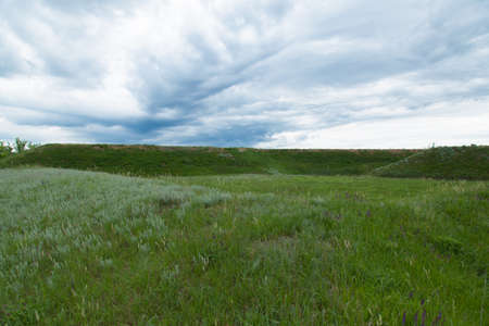 green meadow under the blue cloudy sky going beyond the horizonの写真素材