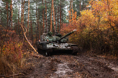 real battle tanks disguised in the trenches Donbass Ukraineの写真素材