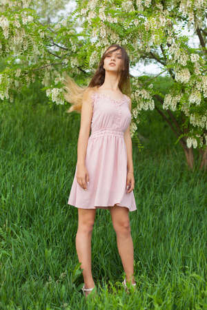 sexual girl has dissolved long hair sunny in the afternoon opposite blossoming white acaciaの写真素材