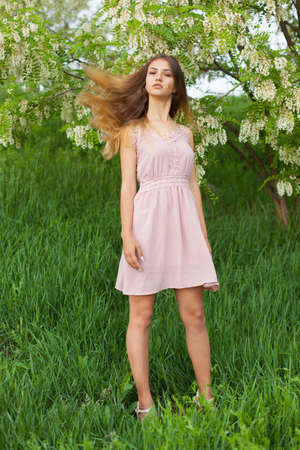 sexual girl has dissolved long hair sunny in the afternoon opposite blossoming white acaciaの写真素材