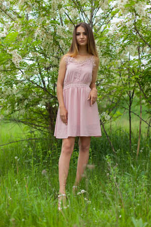 sexual girl has dissolved long hair sunny in the afternoon opposite blossoming white acaciaの写真素材